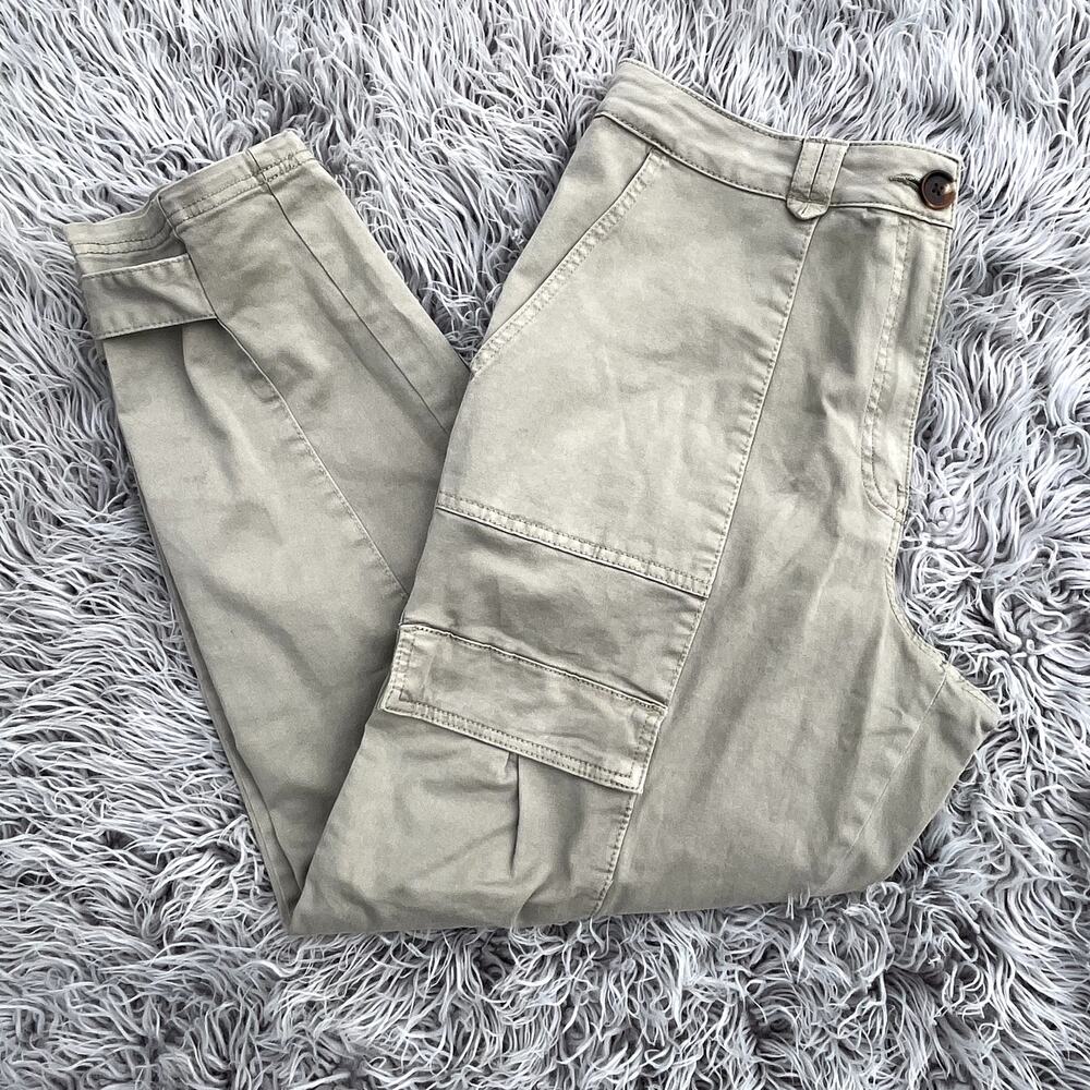 H&M Cotton Twill Tapered Button Ankle Crop Cargo Pants Womens 14 Light Olive